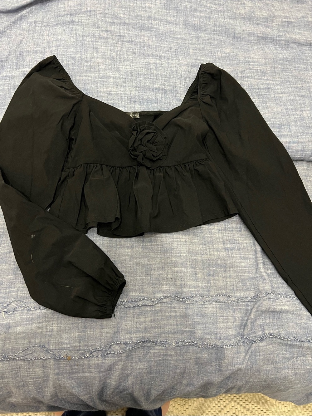 Blue Blush Black Puff Sleeve Crop Top with Rosette